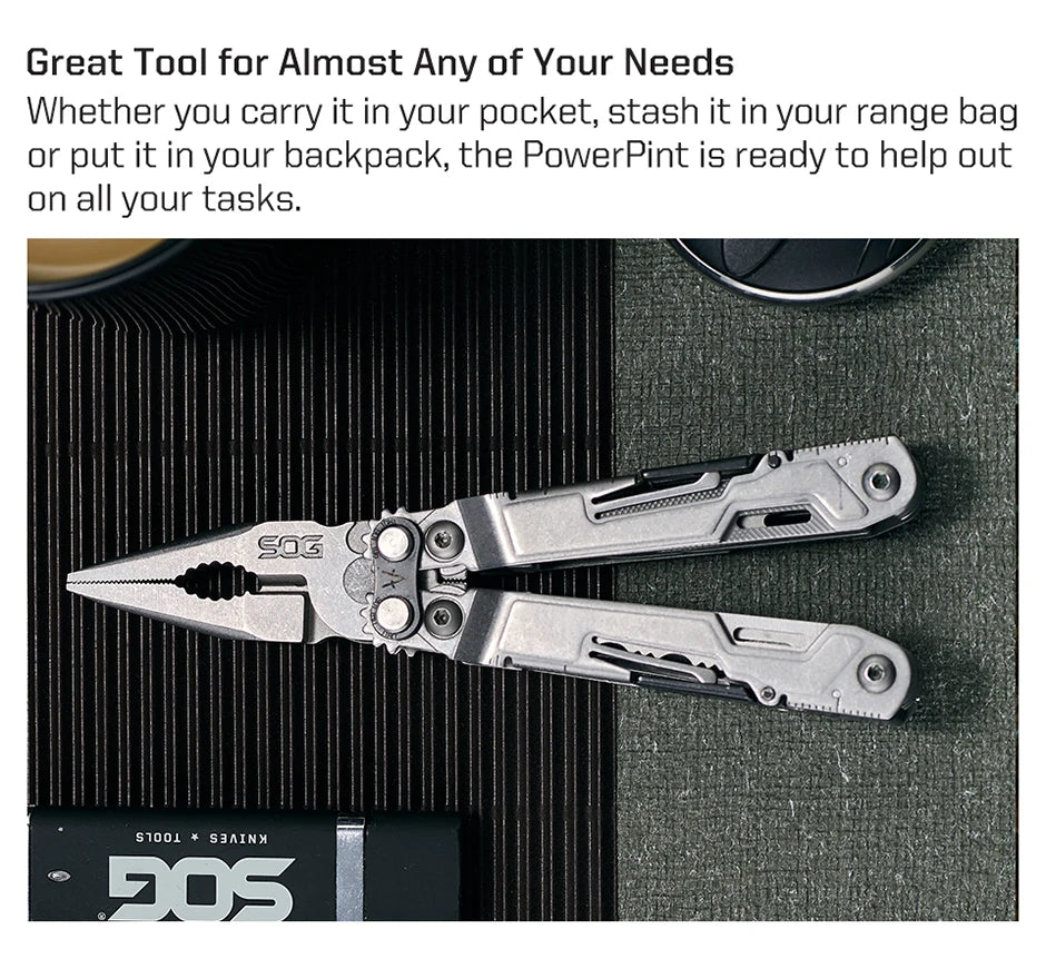 SOG PowerPint 18-in-1 Tactical Multi-Tool with Folding Pliers & Knife - Compact EDC Gear for Outdoor Camping, Survival & Hiking