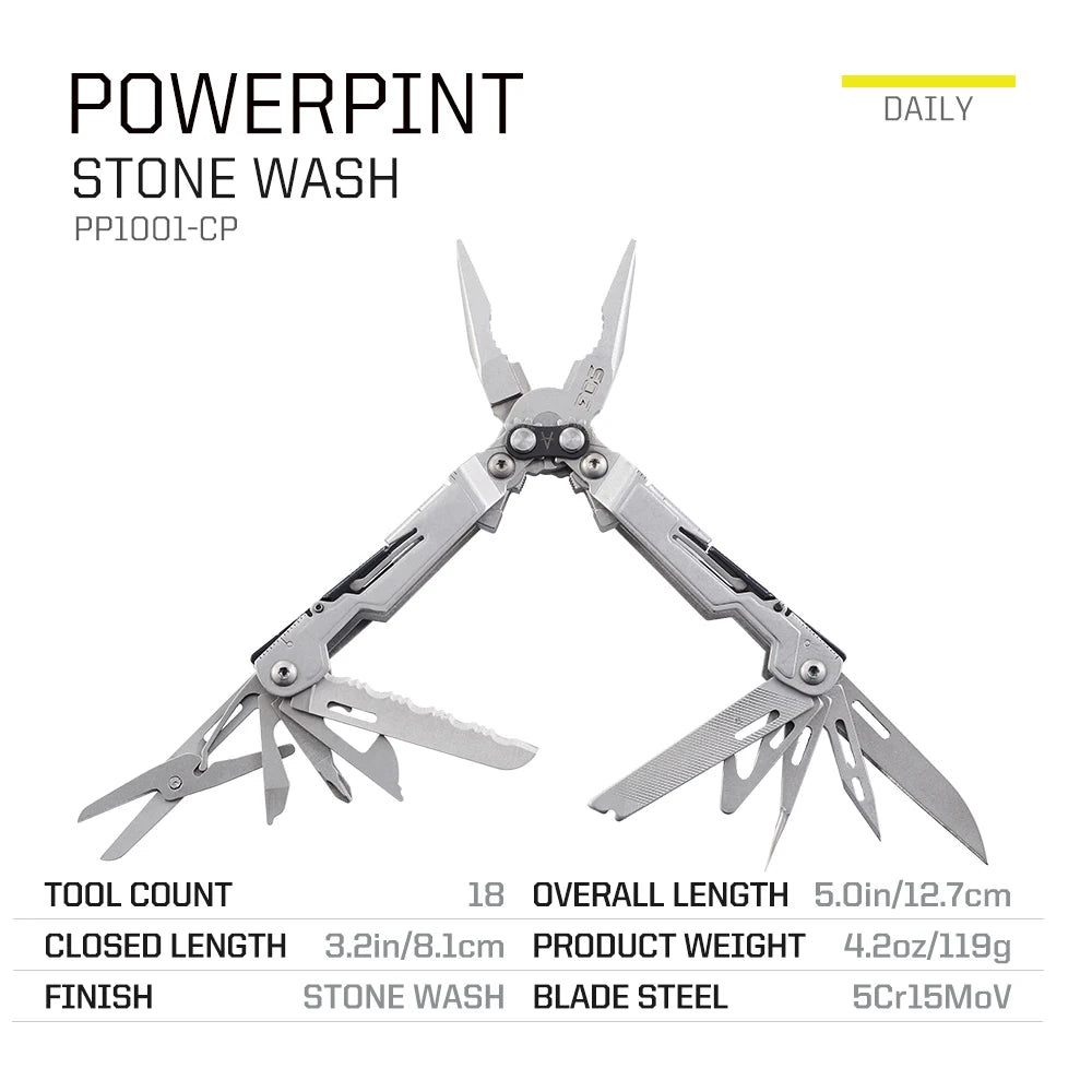 SOG PowerPint 18-in-1 Tactical Multi-Tool with Folding Pliers & Knife - Compact EDC Gear for Outdoor Camping, Survival & Hiking