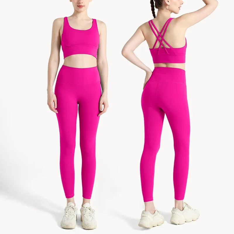 Summer New 2 Piece Yoga Clothes Women's Tracksuit Athletic Cross Back Nylon Yoga Top Women Sports Bra Leggings Pilates Fitness