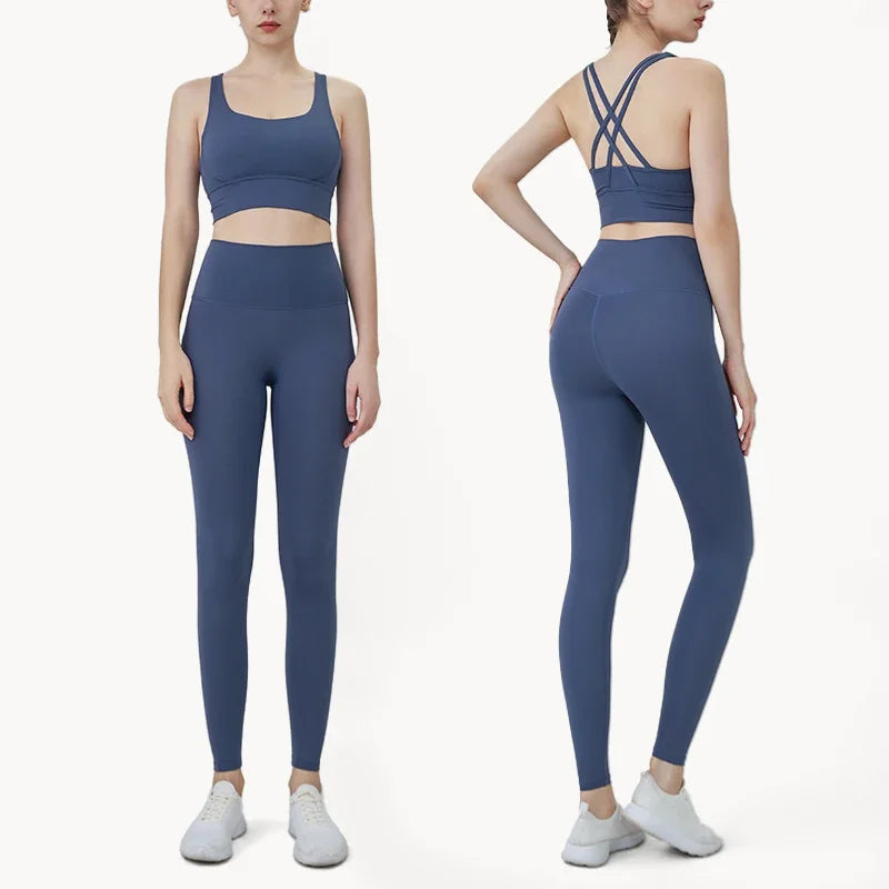 Summer New 2 Piece Yoga Clothes Women's Tracksuit Athletic Cross Back Nylon Yoga Top Women Sports Bra Leggings Pilates Fitness