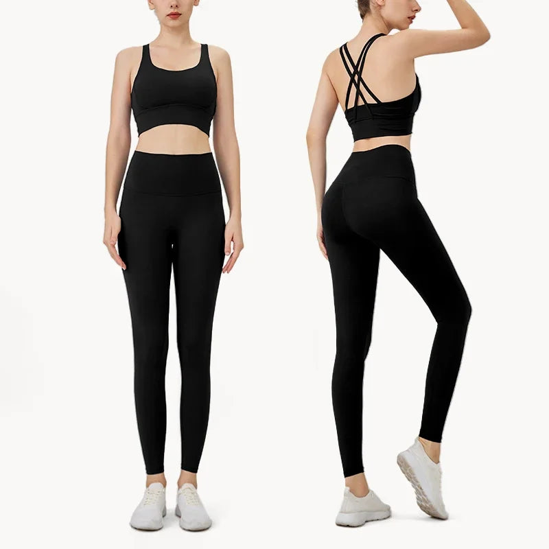 Summer New 2 Piece Yoga Clothes Women's Tracksuit Athletic Cross Back Nylon Yoga Top Women Sports Bra Leggings Pilates Fitness