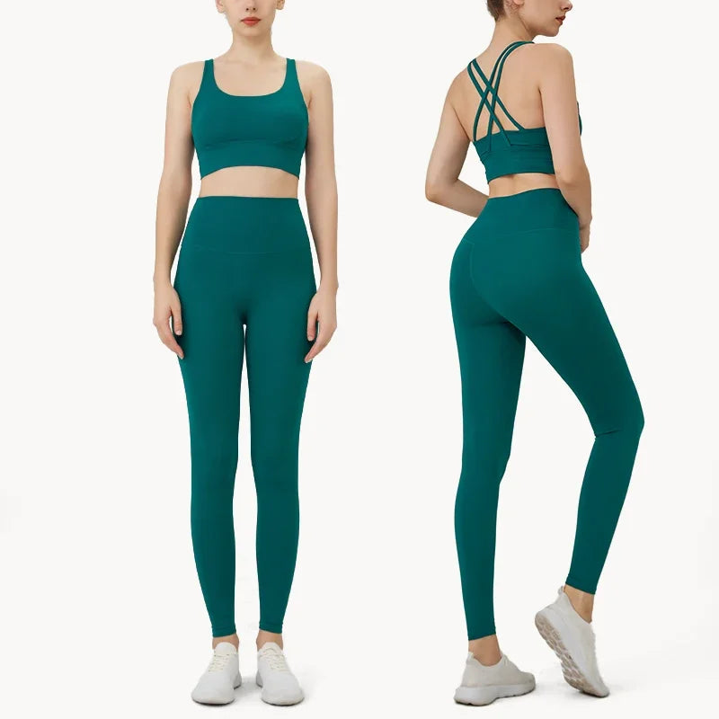 Summer New 2 Piece Yoga Clothes Women's Tracksuit Athletic Cross Back Nylon Yoga Top Women Sports Bra Leggings Pilates Fitness