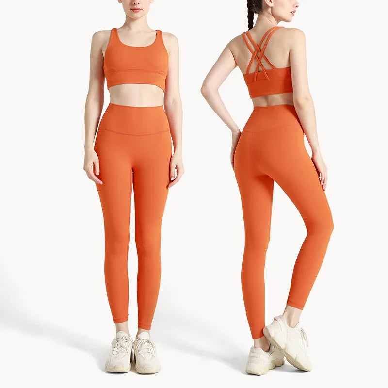 Summer New 2 Piece Yoga Clothes Women's Tracksuit Athletic Cross Back Nylon Yoga Top Women Sports Bra Leggings Pilates Fitness
