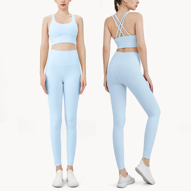 Summer New 2 Piece Yoga Clothes Women's Tracksuit Athletic Cross Back Nylon Yoga Top Women Sports Bra Leggings Pilates Fitness