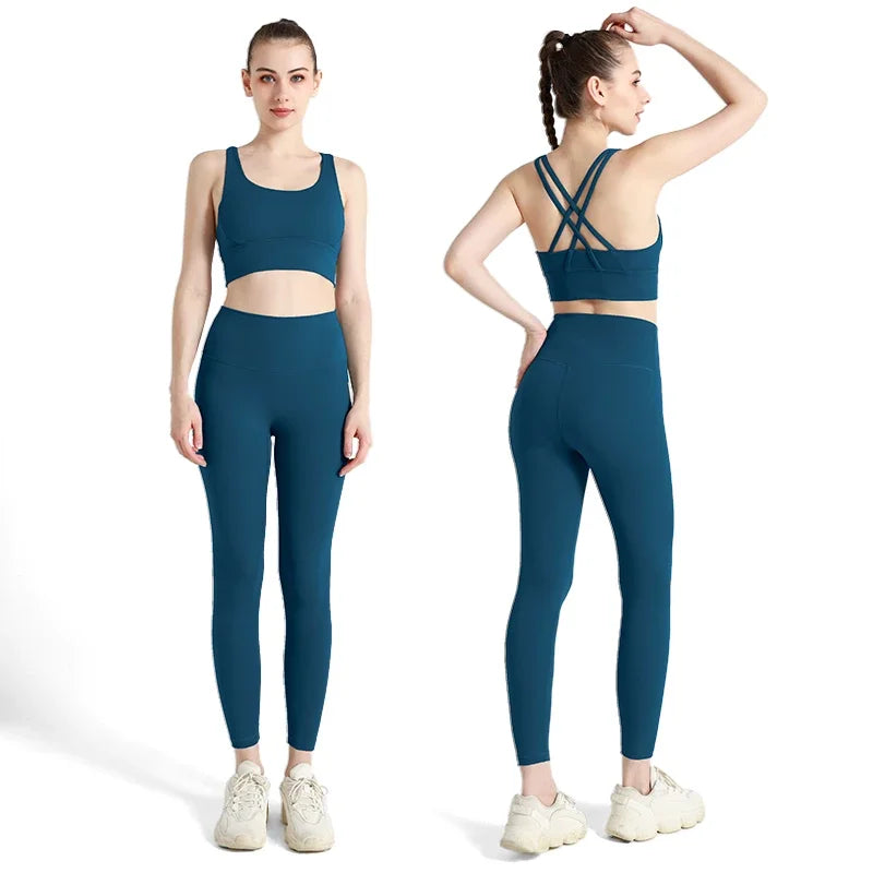 Summer New 2 Piece Yoga Clothes Women's Tracksuit Athletic Cross Back Nylon Yoga Top Women Sports Bra Leggings Pilates Fitness