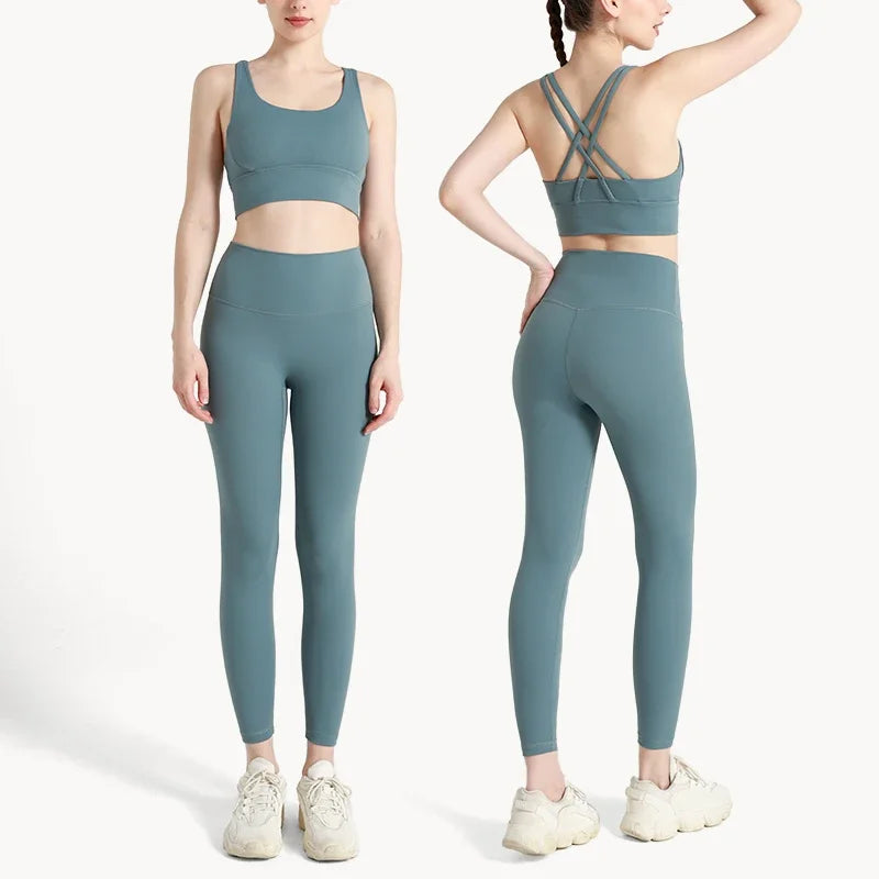 Summer New 2 Piece Yoga Clothes Women's Tracksuit Athletic Cross Back Nylon Yoga Top Women Sports Bra Leggings Pilates Fitness