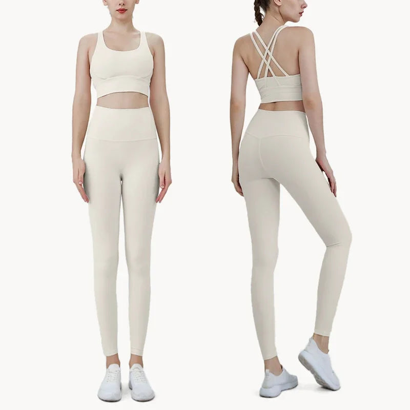 Summer New 2 Piece Yoga Clothes Women's Tracksuit Athletic Cross Back Nylon Yoga Top Women Sports Bra Leggings Pilates Fitness