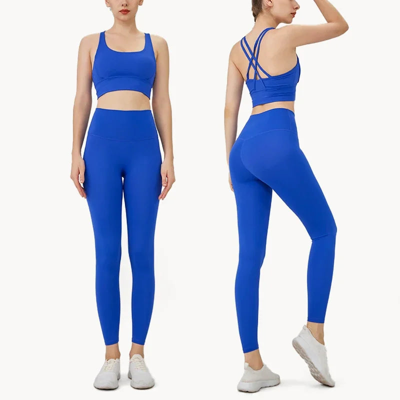 Summer New 2 Piece Yoga Clothes Women's Tracksuit Athletic Cross Back Nylon Yoga Top Women Sports Bra Leggings Pilates Fitness