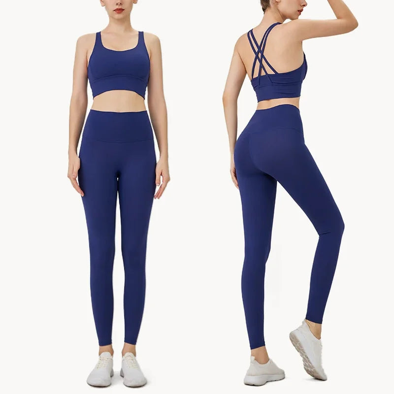 Summer New 2 Piece Yoga Clothes Women's Tracksuit Athletic Cross Back Nylon Yoga Top Women Sports Bra Leggings Pilates Fitness