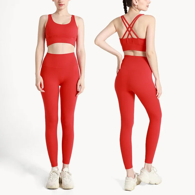 Summer New 2 Piece Yoga Clothes Women's Tracksuit Athletic Cross Back Nylon Yoga Top Women Sports Bra Leggings Pilates Fitness