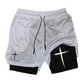 Cross Print 2 in 1 Performance Shorts for Men Gym Workout Running Shorts with Phone Pocket Towel Loop Sports Athletic Activewear