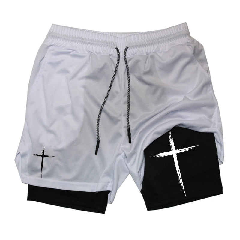 Cross Print 2 in 1 Performance Shorts for Men Gym Workout Running Shorts with Phone Pocket Towel Loop Sports Athletic Activewear