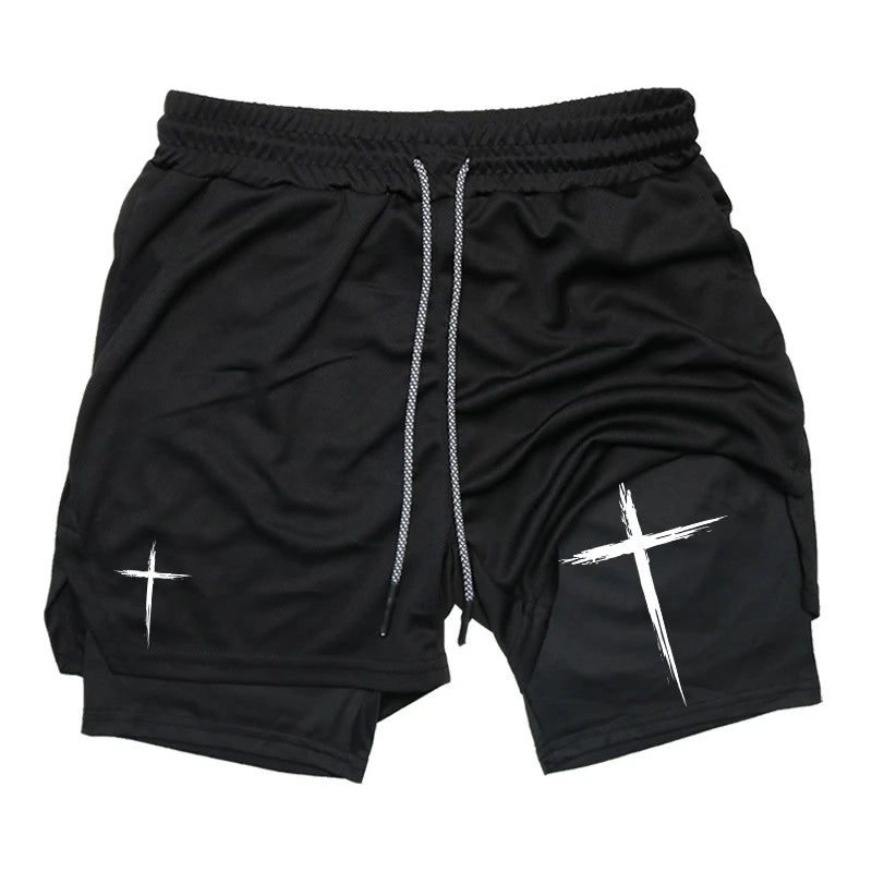 Cross Print 2 in 1 Performance Shorts for Men Gym Workout Running Shorts with Phone Pocket Towel Loop Sports Athletic Activewear