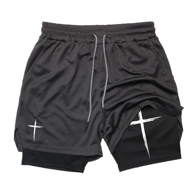 Cross Print 2 in 1 Performance Shorts for Men Gym Workout Running Shorts with Phone Pocket Towel Loop Sports Athletic Activewear