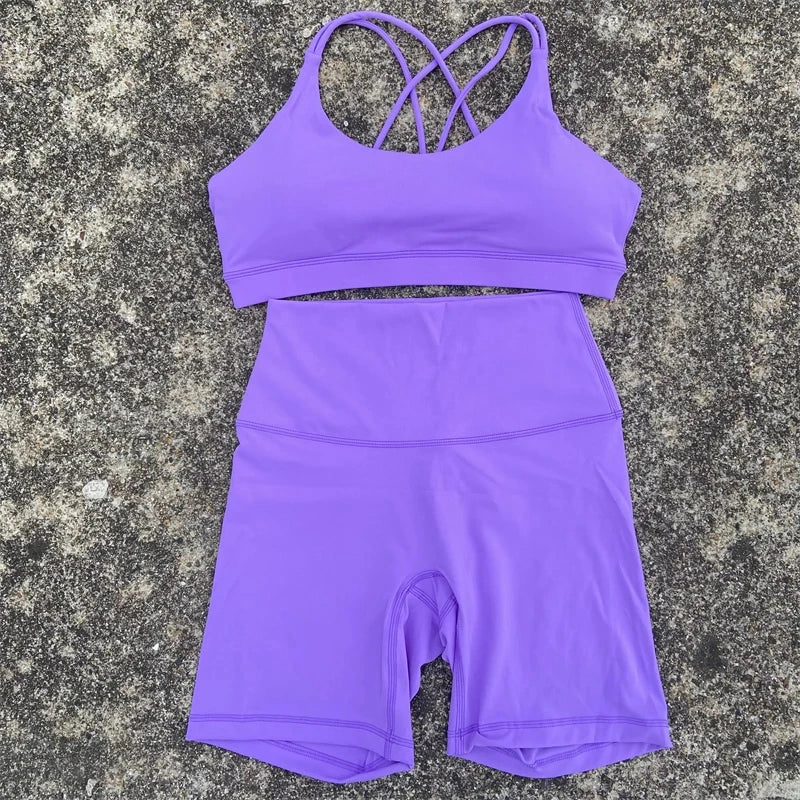 Solid Color Gym Bike Yoga Set Short Legging Cross Back Sport Bra 2pc Tracksuit Athletic Women Gym Suit Comprehensive Training Jo