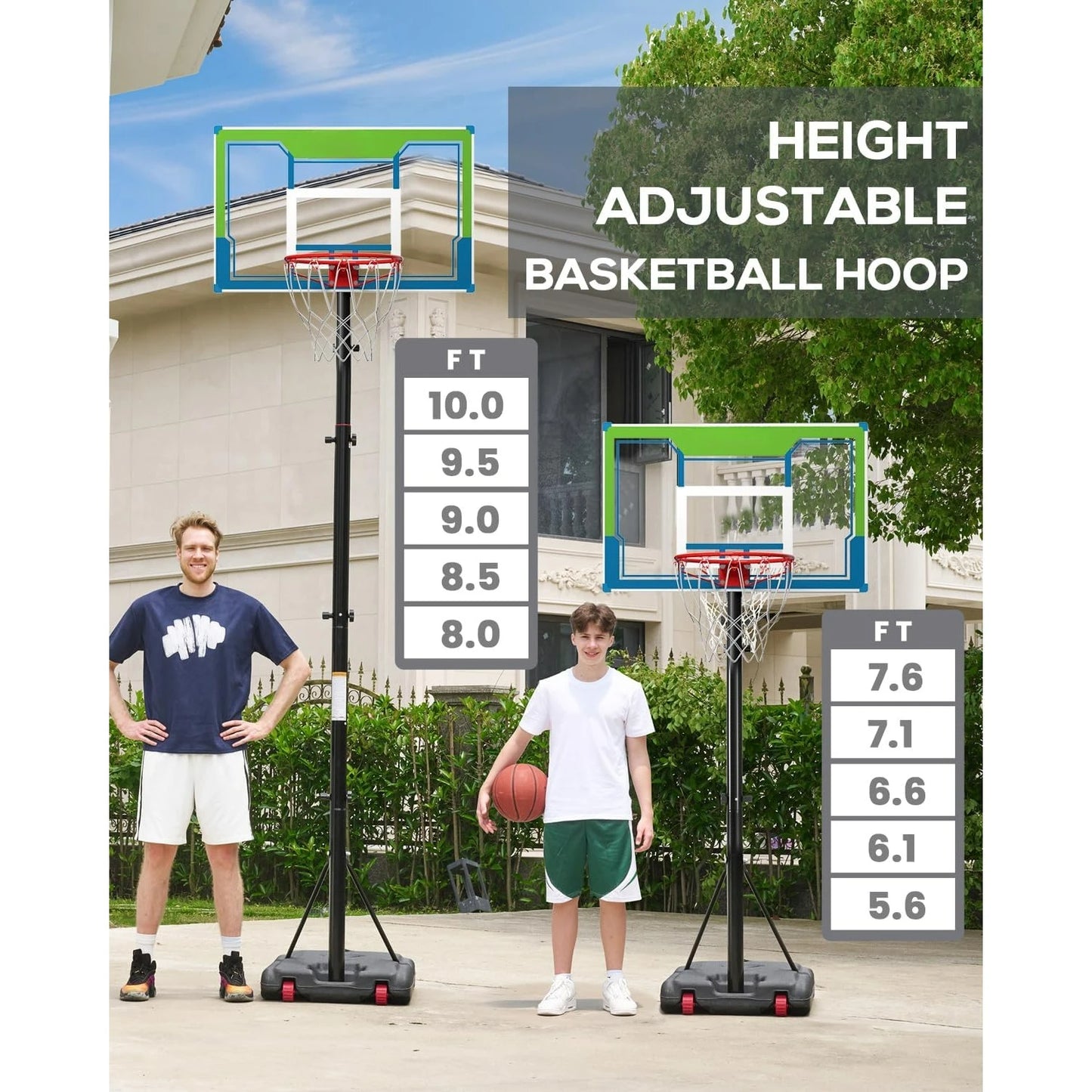 Basketball Hoop Height Adjustable 8.5/10ft: Portable Outdoor Goal System for Kids, Teens & Adults in Backyard & Driveway