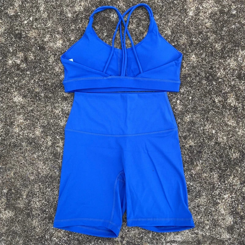 Solid Color Gym Bike Yoga Set Short Legging Cross Back Sport Bra 2pc Tracksuit Athletic Women Gym Suit Comprehensive Training Jo