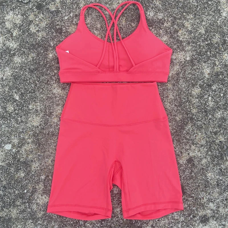 Solid Color Gym Bike Yoga Set Short Legging Cross Back Sport Bra 2pc Tracksuit Athletic Women Gym Suit Comprehensive Training Jo
