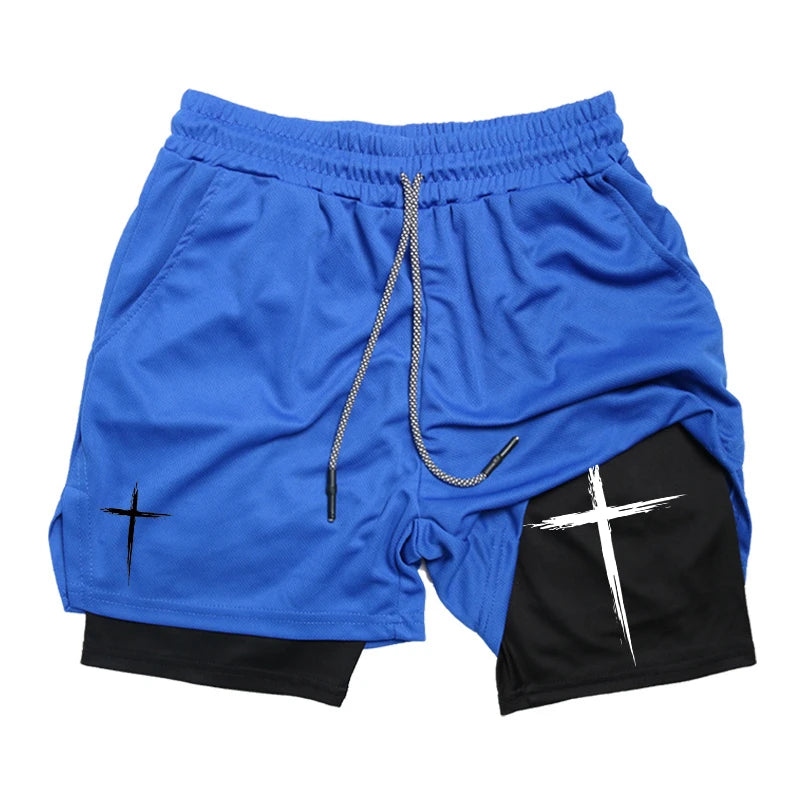 Cross Print 2 in 1 Performance Shorts for Men Gym Workout Running Shorts with Phone Pocket Towel Loop Sports Athletic Activewear