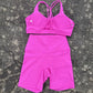 Solid Color Gym Bike Yoga Set Short Legging Cross Back Sport Bra 2pc Tracksuit Athletic Women Gym Suit Comprehensive Training Jo