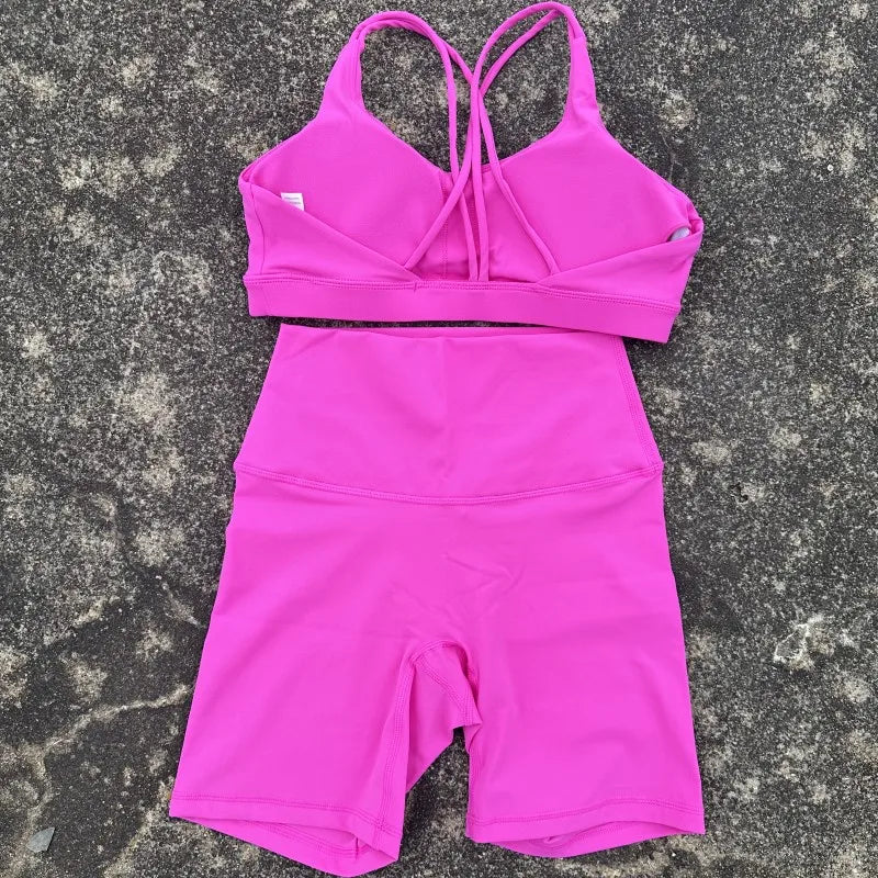 Solid Color Gym Bike Yoga Set Short Legging Cross Back Sport Bra 2pc Tracksuit Athletic Women Gym Suit Comprehensive Training Jo