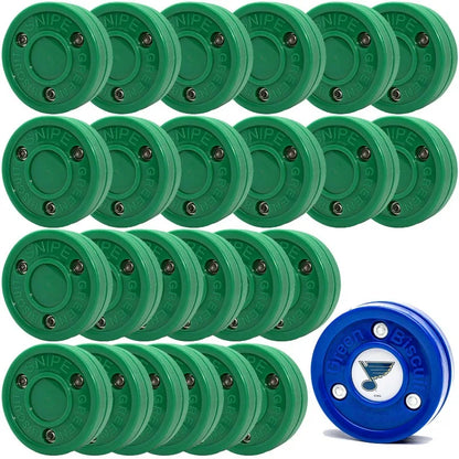 Green Biscuit 24 Pack New Snipe 2.0 Shooters Off Ice Hockey Puck- NHL Puck/GB Sticker- Street hockey Pucks