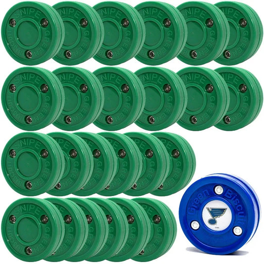 Green Biscuit 24 Pack New Snipe 2.0 Shooters Off Ice Hockey Puck- NHL Puck/GB Sticker- Street hockey Pucks