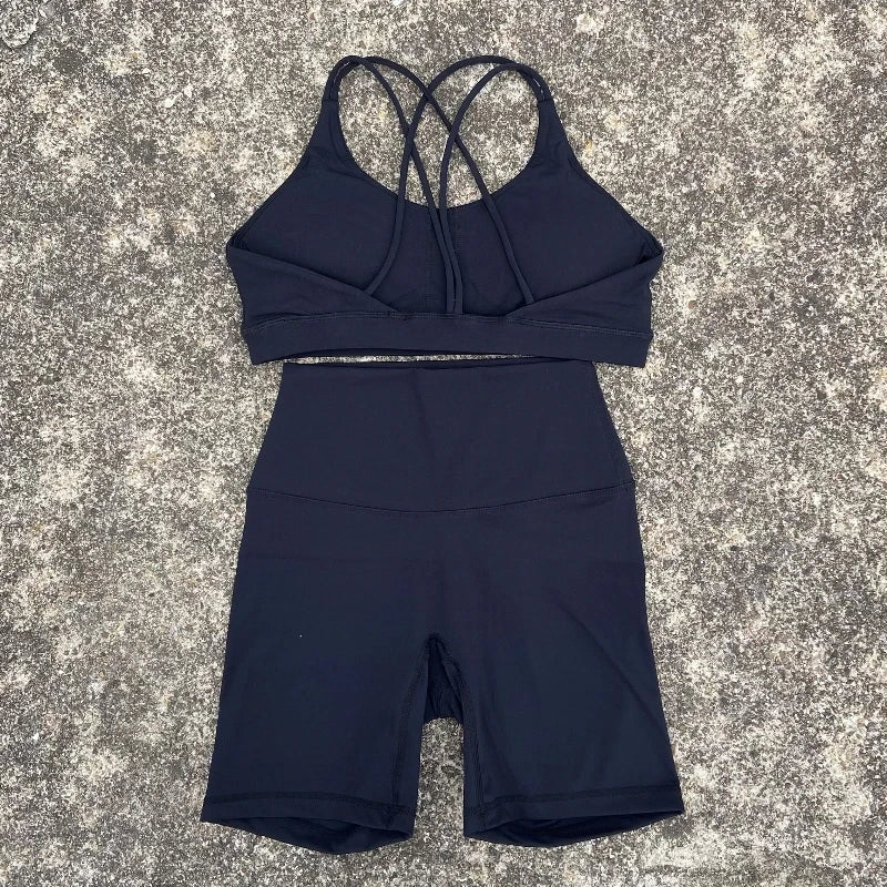 Solid Color Gym Bike Yoga Set Short Legging Cross Back Sport Bra 2pc Tracksuit Athletic Women Gym Suit Comprehensive Training Jo