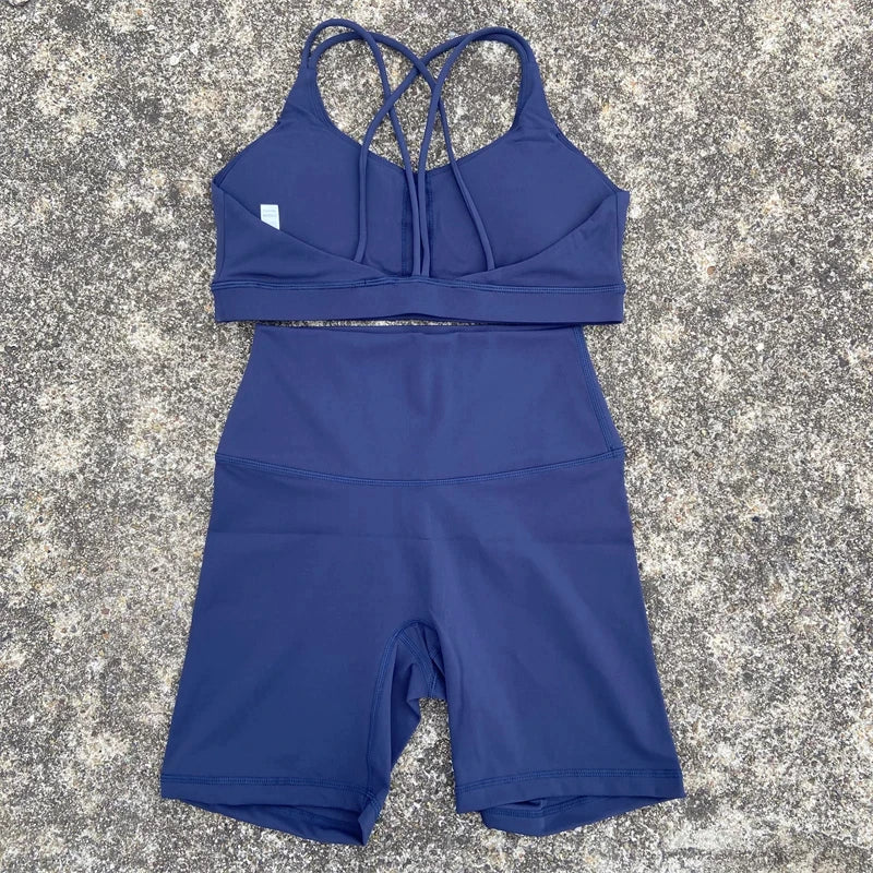 Solid Color Gym Bike Yoga Set Short Legging Cross Back Sport Bra 2pc Tracksuit Athletic Women Gym Suit Comprehensive Training Jo