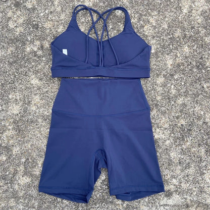 Solid Color Gym Bike Yoga Set Short Legging Cross Back Sport Bra 2pc Tracksuit Athletic Women Gym Suit Comprehensive Training Jo