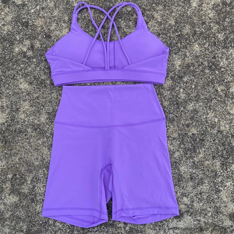 Solid Color Gym Bike Yoga Set Short Legging Cross Back Sport Bra 2pc Tracksuit Athletic Women Gym Suit Comprehensive Training Jo